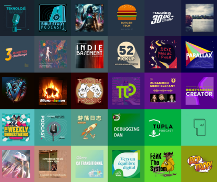 a lot of castopod podcast album covers. nicely sorted according to its main color.